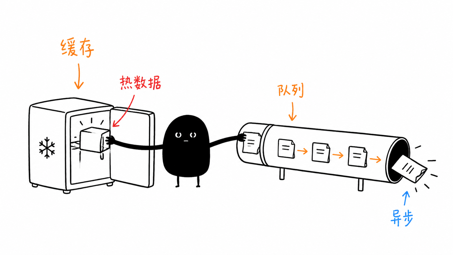 缓存加速读取，消息队列削峰异步处理