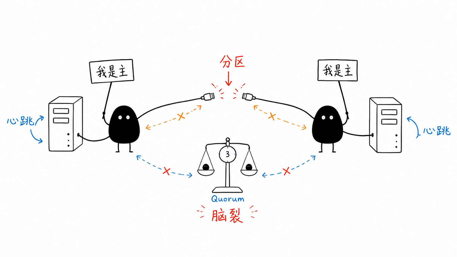 网络分区会导致脑裂，需要仲裁机制